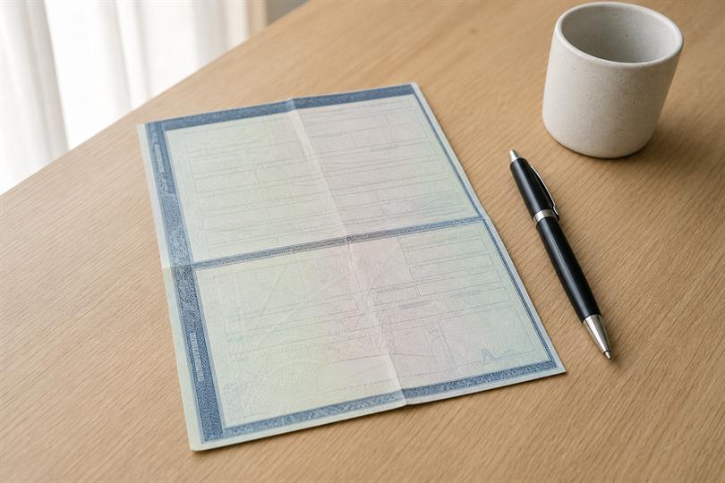 Documento de licenciamento sobre uma mesa de trabalho