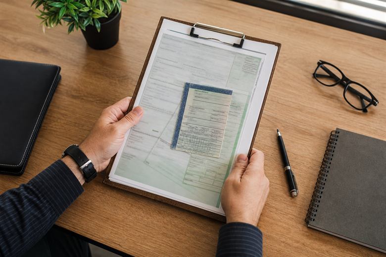 Profissional analisando documentos de veículo em uma mesa