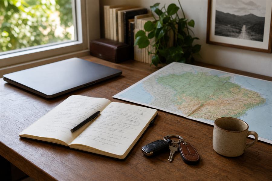 Mesa de trabalho com computador, caderno, mapa de Rio Grande do Norte e chaves